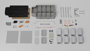 An exploded view of a Rivian battery pack