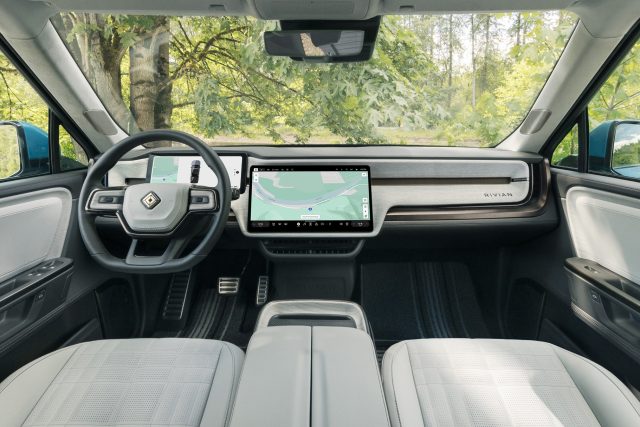 A light-colored Rivian interior