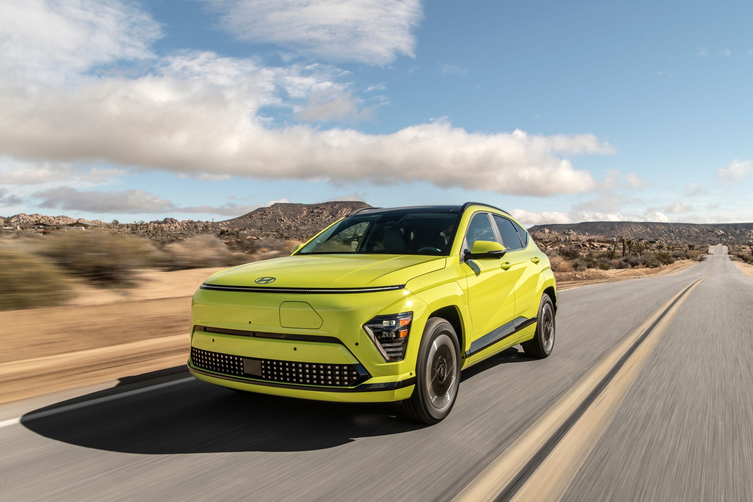 A yellow Hyundai Kona Electric