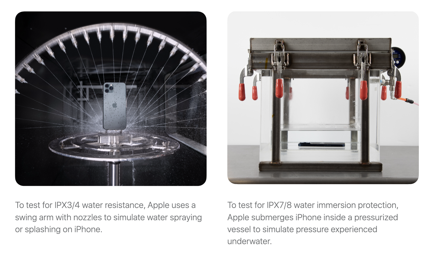 Photos from Apple's "Longevity, by Design" document, showing the water ingress and screen repair aspects of its testing procedures.