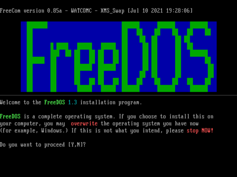 Preparing to install the floppy disk edition of FreeDOS 1.3 in a virtual machine.