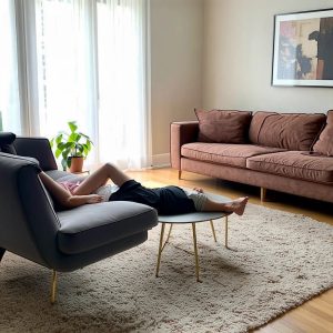 An AI-generated SD3 Medium image a Reddit user made with the prompt "photograph of a person napping in a living room."