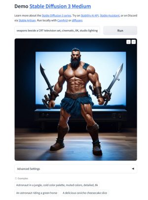 A SD3 Medium example we generated with the prompt "a muscular barbarian with weapons beside a CRT television set, cinematic, 8K, studio lighting."