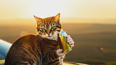 A screen capture of an AI-generated video of a cat drinking a can of beer, created by Runway Gen-3 Alpha.