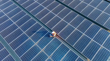 A single construction person set in the midst of a sea of solar panels.