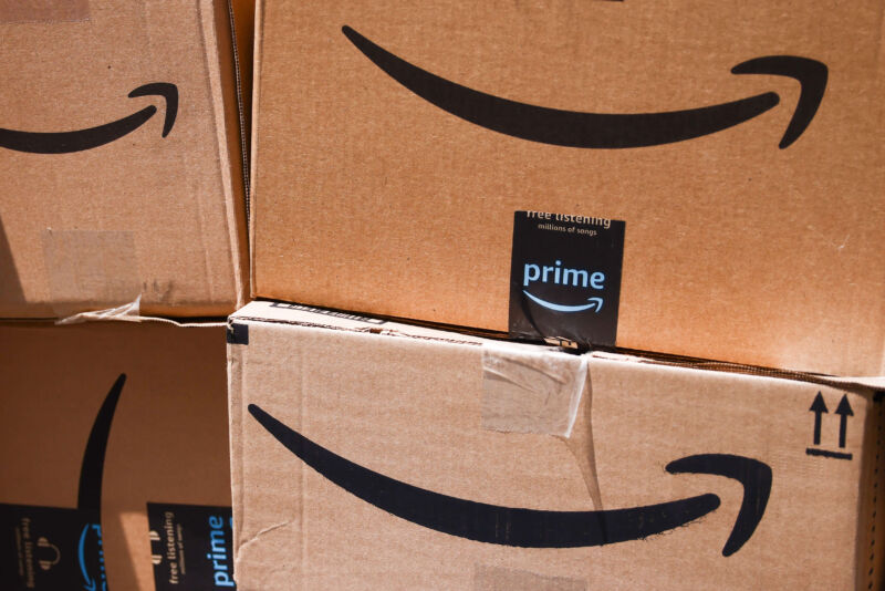 A close-up of several Amazon-branded boxes in a stacked pile