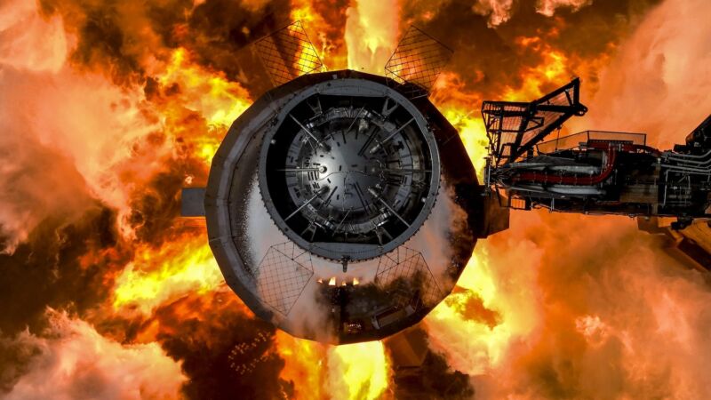 A drone shot looking down on SpaceX's Super Heavy booster during a test-firing of its 33 Raptor engines Monday. 