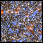 Three panel image, with zoom increasing from left to right. Left most panel is a wide view of the globular cluster; right is a zoom in to the area where its central black hole must reside.