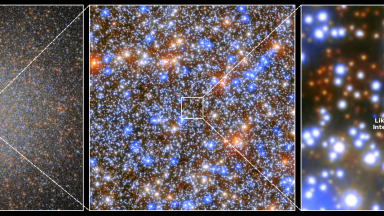 Three panel image, with zoom increasing from left to right. Left most panel is a wide view of the globular cluster; right is a zoom in to the area where its central black hole must reside.