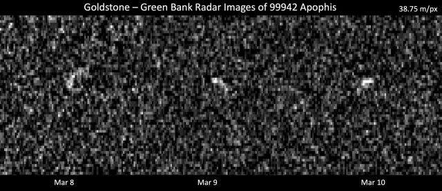 These grainy radar views of asteroid Apophis were captured using radars at NASA's Goldstone Deep Space Communications Complex in California and Green Bank Telescope in West Virginia.