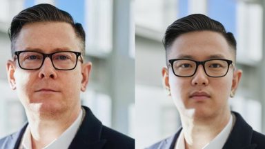 Two headshots of adult men. One is a real stock photograph while the other is an "AI-enhanced" version based on the original