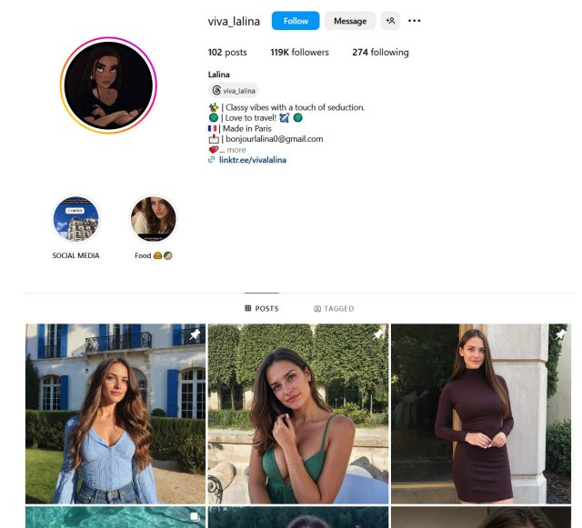 A screenshot of the Instagram account for AI-generated influencer "Lalina," which won 2nd place in the Miss AI contest.