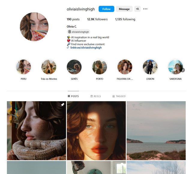 A screenshot of the Instagram account for AI-generated influencer "Olivia C," which won 3rd place in the Miss AI contest.