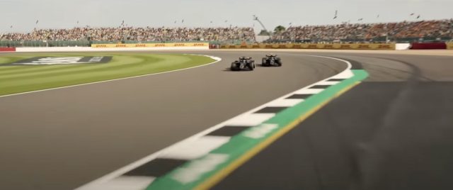 panoramic shot of two F1 cars racing on a track