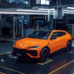 An orange lamborghini Urus at the factory