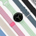 Pixel Watch 3 laid out at center, with band options and colors to either side of it.