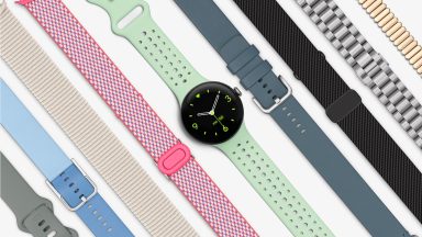 Pixel Watch 3 laid out at center, with band options and colors to either side of it.