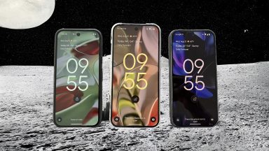 Three Pixel 9 phones, but with the background set to an AI-generated moonscape, with another moon visible in the background.