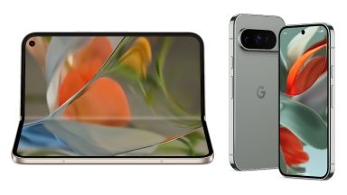 A Google Pixel 9 Fold and Pixel 9 Pro XL, side by side on white background, with Fold open and 9 Pro XL front and back shown on separate models.