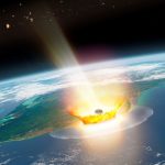 Artist impression of a large asteroid impacting on Earth such as the Chicxulub event that caused the end-Cretaceous mass extinction, 66 million years ago.