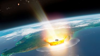 Artist impression of a large asteroid impacting on Earth such as the Chicxulub event that caused the end-Cretaceous mass extinction, 66 million years ago.