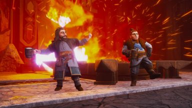 Screenshot from Return to Moria showing two dwarves dancing in front of a roaring forge