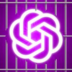 The OpenAI logo emerging from broken jail bars, on a purple background.