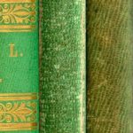 Composite image showing color variation of emerald green bookcloth on book spines, likely a result of air pollution