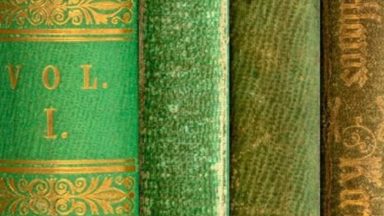 Composite image showing color variation of emerald green bookcloth on book spines, likely a result of air pollution