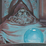 A fantasy drawing of a wizard staring into a glowing orb