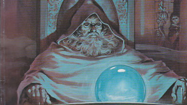 A fantasy drawing of a wizard staring into a glowing orb