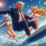 An AI-generated image of Donald Trump and catgirls created with Grok, which uses the Flux image synthesis model.