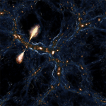 Image of a faint web of lighter material against a dark background. The web is punctuated by bright objects, representing galaxies. One of those galaxies has shot jets of material outside the web itself.