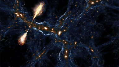 Image of a faint web of lighter material against a dark background. The web is punctuated by bright objects, representing galaxies. One of those galaxies has shot jets of material outside the web itself.