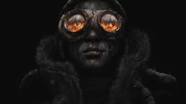 Coal-covered face looking out through googles at a blazing furnace fire, on a black backdrop