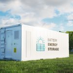 A shipping container labeled with a battery symbol, set among wind turbines and solar panels.