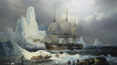 Oil painting by Belgian marine artist François Etienne Musin depicting tje HMS Erebus surrounded by iceberg. In the foreground the ship’s crew are busy moving smaller crafts across the ice.