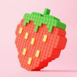 An illustration of a strawberry made out of pixel-like blocks.