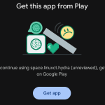 Image from an Android phone, suggesting user "Get this app from Play" and showing disjointed pieces of an app, including a frowning emoji-like face.