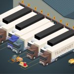 trucks forming piano keys in front of warehouse - isometric projection