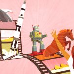 An illustration of a filmstrip with a robot, horse, rocket, and whale.