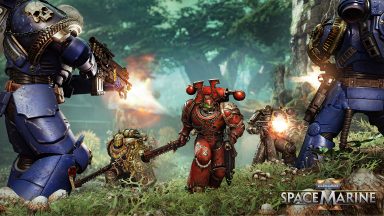 Red Chaos Marine approaching the player's position in a jungle-like setting.