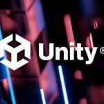 Unity logo against pink and blue shapes