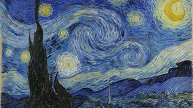 image of van gogh's painting of the night sky rendered in dark blue with swirling yellows indicating stars and wind blowing