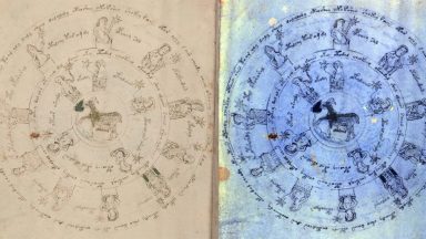 side by side images of a folio from the voynich manuscript with its multispectral counterpart on the right