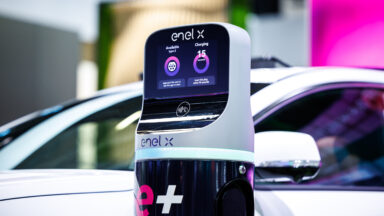 An Enel X charging station is seen at IAA Munich in 2023.