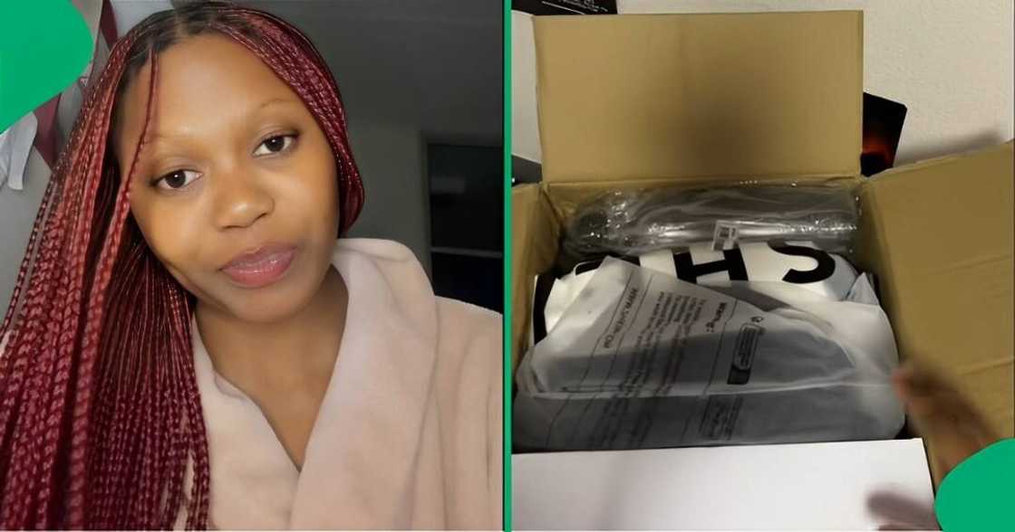 A TikTok video shows a woman complaining about her customs charges while unboxing her Shein order.