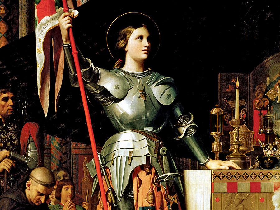 Joan of Arc at the Coronation of King Charles VII at Reims Cathedral, July 1429 by Jean Auguste Dominique Ingres. Oil on canvas, 240 x 178 cm, 1854. In the Louvre Museum, Paris, France.