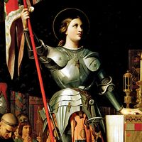 Joan of Arc at the Coronation of King Charles VII at Reims Cathedral, July 1429 by Jean Auguste Dominique Ingres. Oil on canvas, 240 x 178 cm, 1854. In the Louvre Museum, Paris, France.