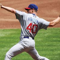 Rich Harden no. 40 of the Chicago Cubs pitches against the Milwaukee Brewers. July 31, 2008 at Miller Park, Milwaukee, Wisconsin. The Cubs defeated the Brewers 11-4. Major League Baseball (MLB).